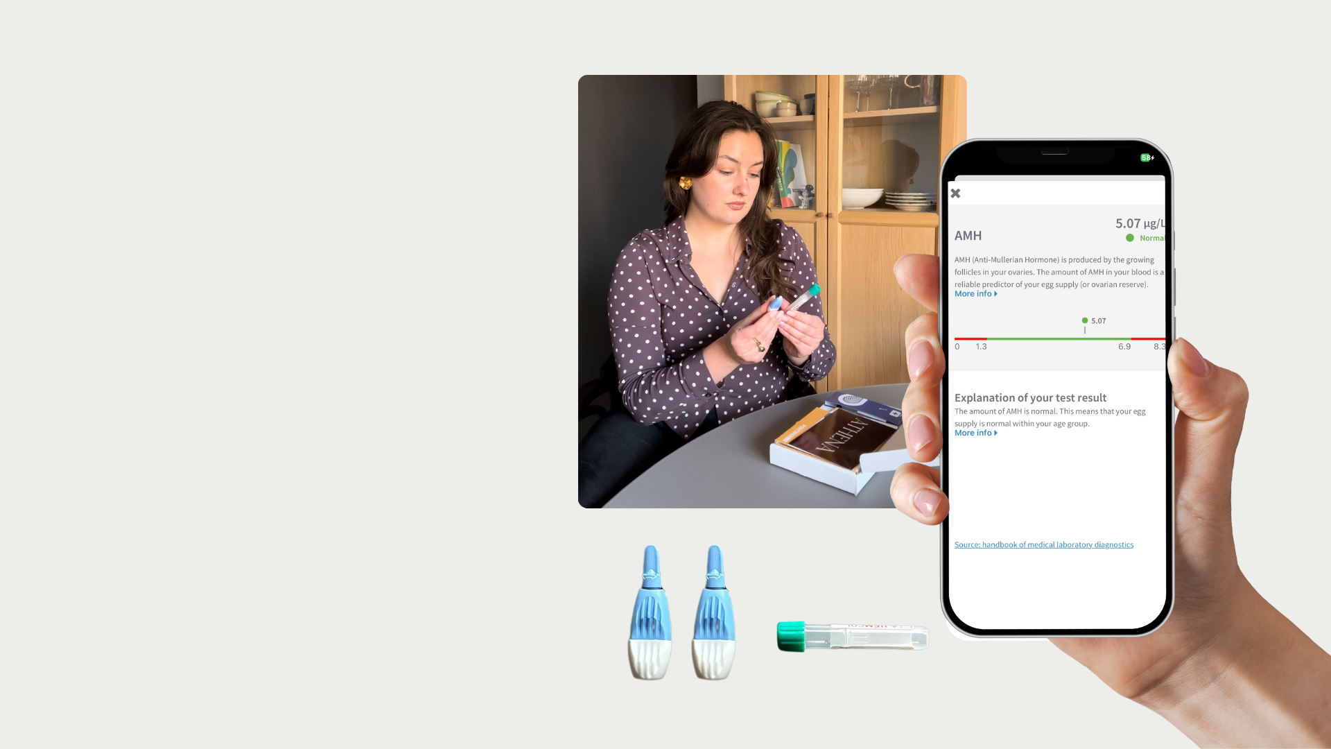 Person doing an at-home fertility test with a finger prick with a phone showing the results