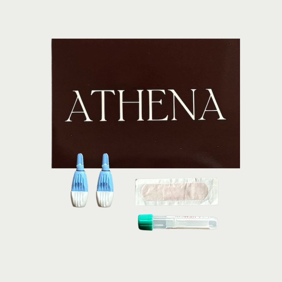 An at-home fertility test with two disposable lancets, bandage and collection tube