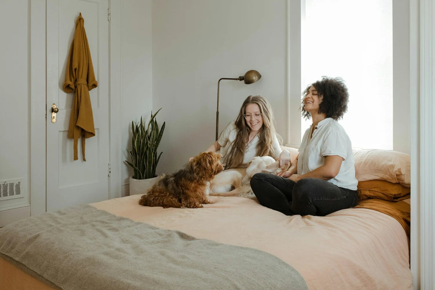 Two women sitting on a bed with a dog in a cozy bedroom.